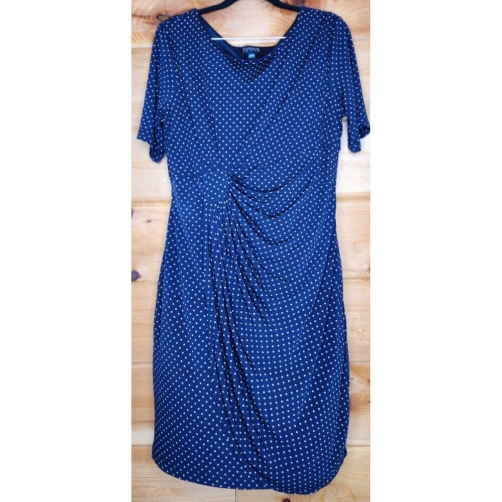 Enfocus Studio Navy Blue Gold Polka Dot Sleeveless Ruched Dress Size 14 Petite - Picture 4 of 10